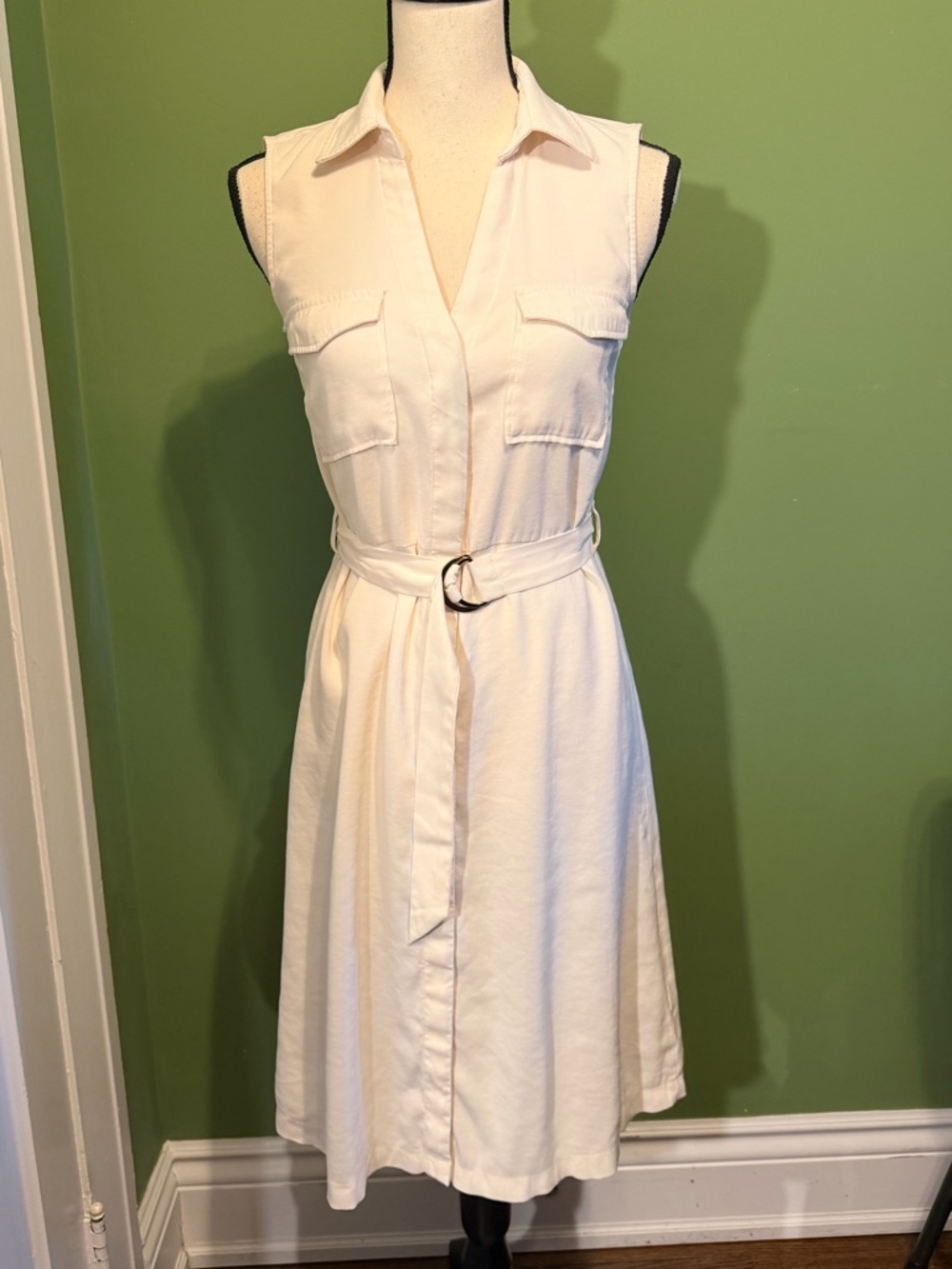 H&M Cream Sleeveless Shirt Midi Dress with Belt